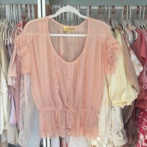 Pink Sheer Peplum Blouse with Short Sleeves